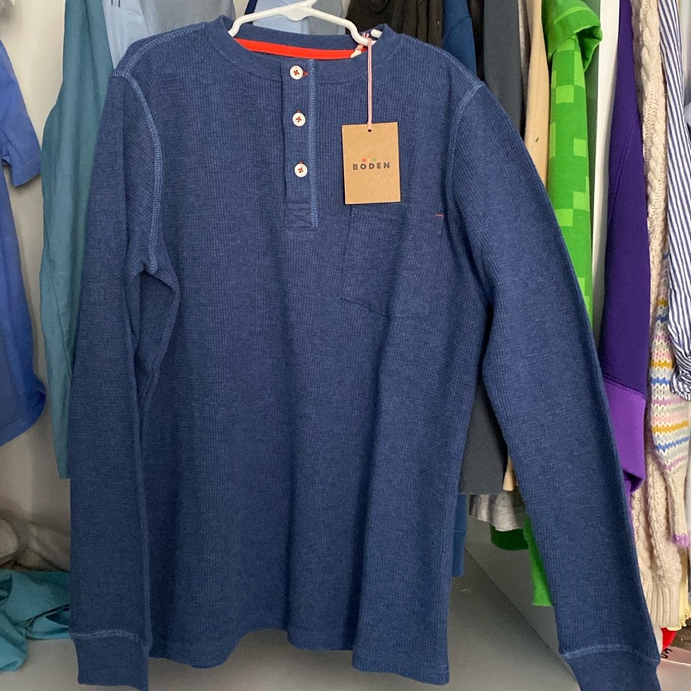 NEW NWT mini Boden 10-11 boy long sleeve waffle Henley blue